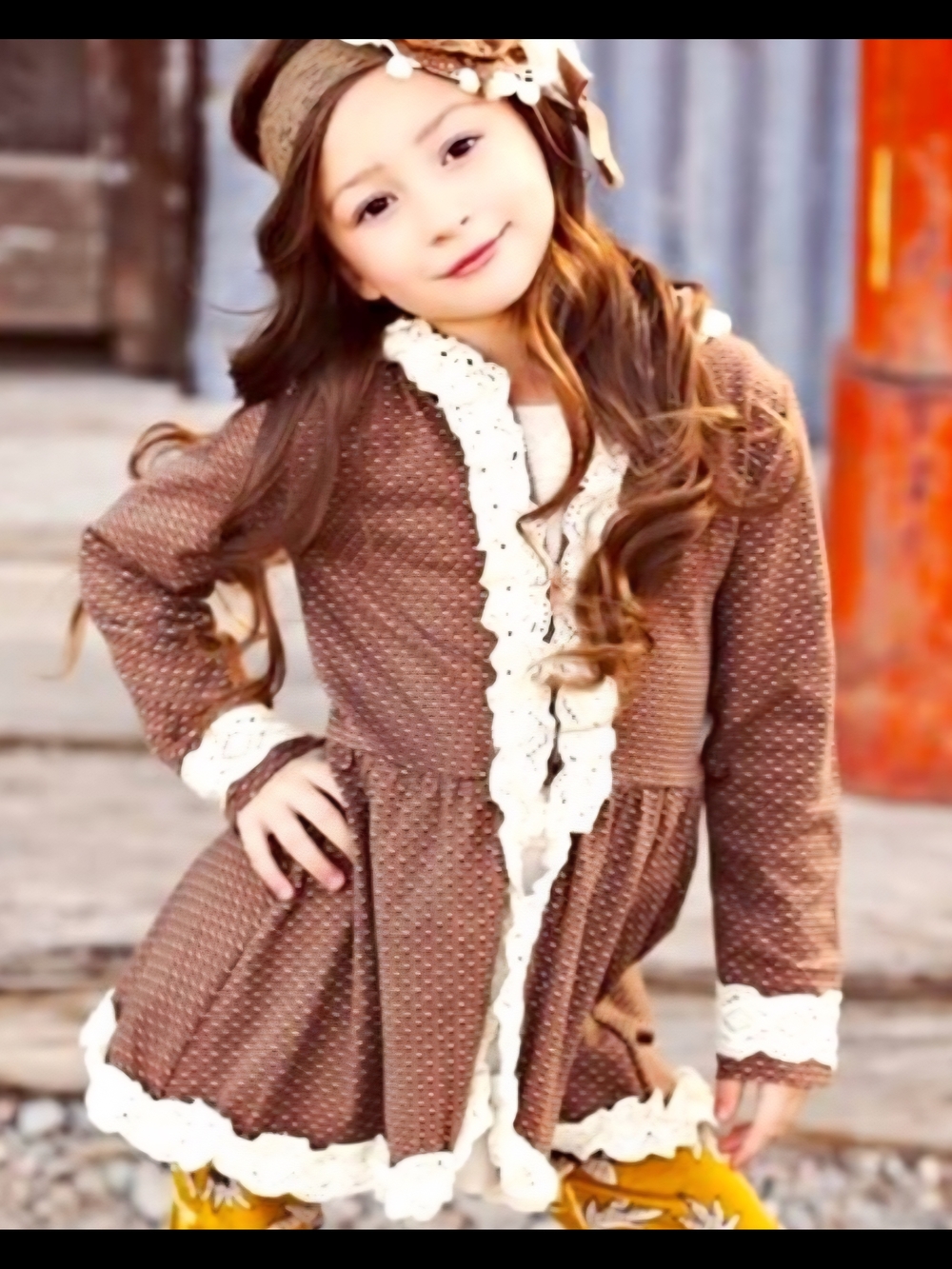Mustard Pie Brown Knit Top with Cream Crochet Trim and Hood Size 8